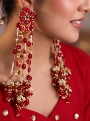 Red Floral Pearl Long Earrings – Handcrafted Bridal Statement Earrings