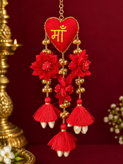 Red Floral Maa Kalira with Golden Bells & Tassels