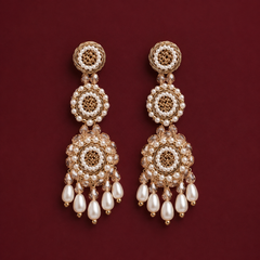 Elegant Handmade Pearl & Golden Beaded Long Earrings | Traditional Designer Jewellery