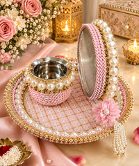 Elegant Pink Karwa Chauth Pooja Thali Set ❤️✨ | Traditional Bridal Pooja Collection