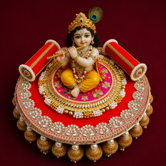 Red Velvet Kanha Singhasan Handcrafted Pearl & Zari Embroidered Divine Throne