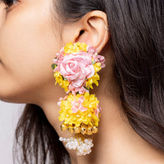 Pink & Yellow Floral Necklace Set with Pearl Bunch