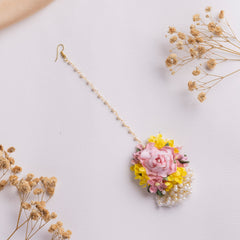 Pink & Yellow Floral Necklace Set with Pearl Bunch