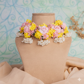 Pink & Yellow Floral Necklace Set with Pearl Bunch