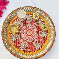 Kundan Work Thali Set 1 Diya 2 Dibbi Steel