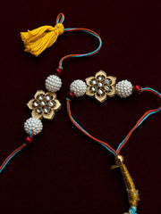 Kundan Floral Pearl Bhai Bhabhi Rakhi Set