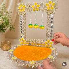 Royal Yellow Floral Mirror Work Laddu Gopal Singhasan