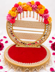 Premium Floral Pearl & Mirror Work Red Velvet Laddu Gopal Singhasan