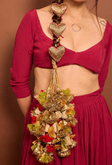Royal Pink Heart-Shaped Bridal Hair Paranda with Golden Gota & Latkan