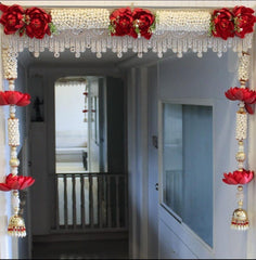 Royal Red Rose & Pearl Door Toran – Designer Floral Bandanwar with Hanging Latkans