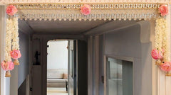 Elegant Pink Rose Pearl Door Toran – Designer Floral Bandanwar with Crystal Hangings