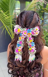 Multicolor Floral Bridal Hair Gajra with Pearl Tassel Hanging – Handmade Wedding Hair Accessory