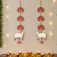 Lotus Flower Wall Hanging Toran with Cow Charm and Beads 4pc