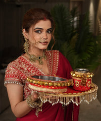 Elegant Red Karwa Chauth Pooja Thali Set ❤️✨ | Traditional Bridal Pooja Collection
