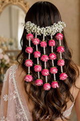 Pink Rose Pearl Hair Gajra – Handcrafted Floral Bridal Hair Accessory