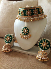 Royal Green & Gold Pearl Choker Necklace Set
