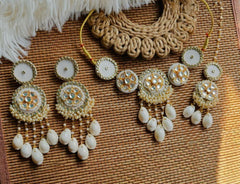White Beaded Haldi Jewellery Set With Haathphool