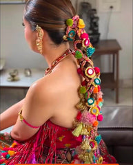 Handmade Bridal Parandi – Multicolor Punjabi Hair Braid Accessory with Mirror, Tassels & Pom Poms for Wedding, Haldi & Mehendi