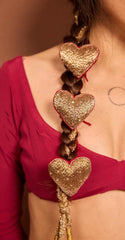 Royal Pink Heart-Shaped Bridal Hair Paranda with Golden Gota & Latkan