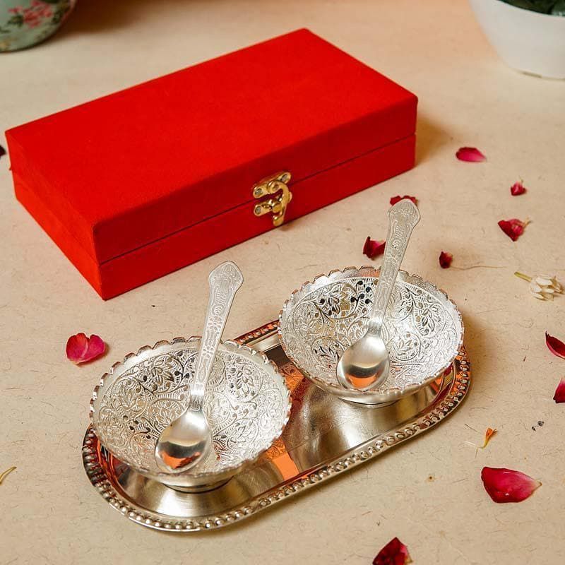 German Silver Two Bowl Set of 5 Pec with Box