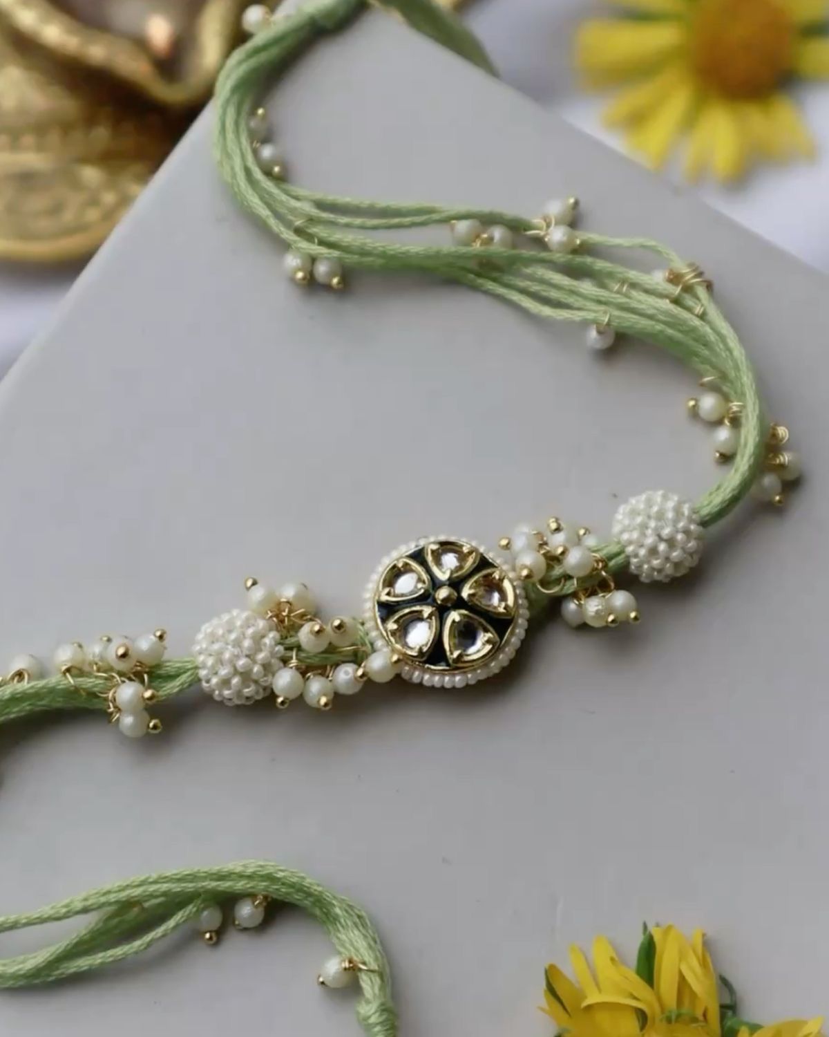 Mint Green Kundan Pearl Rakhi