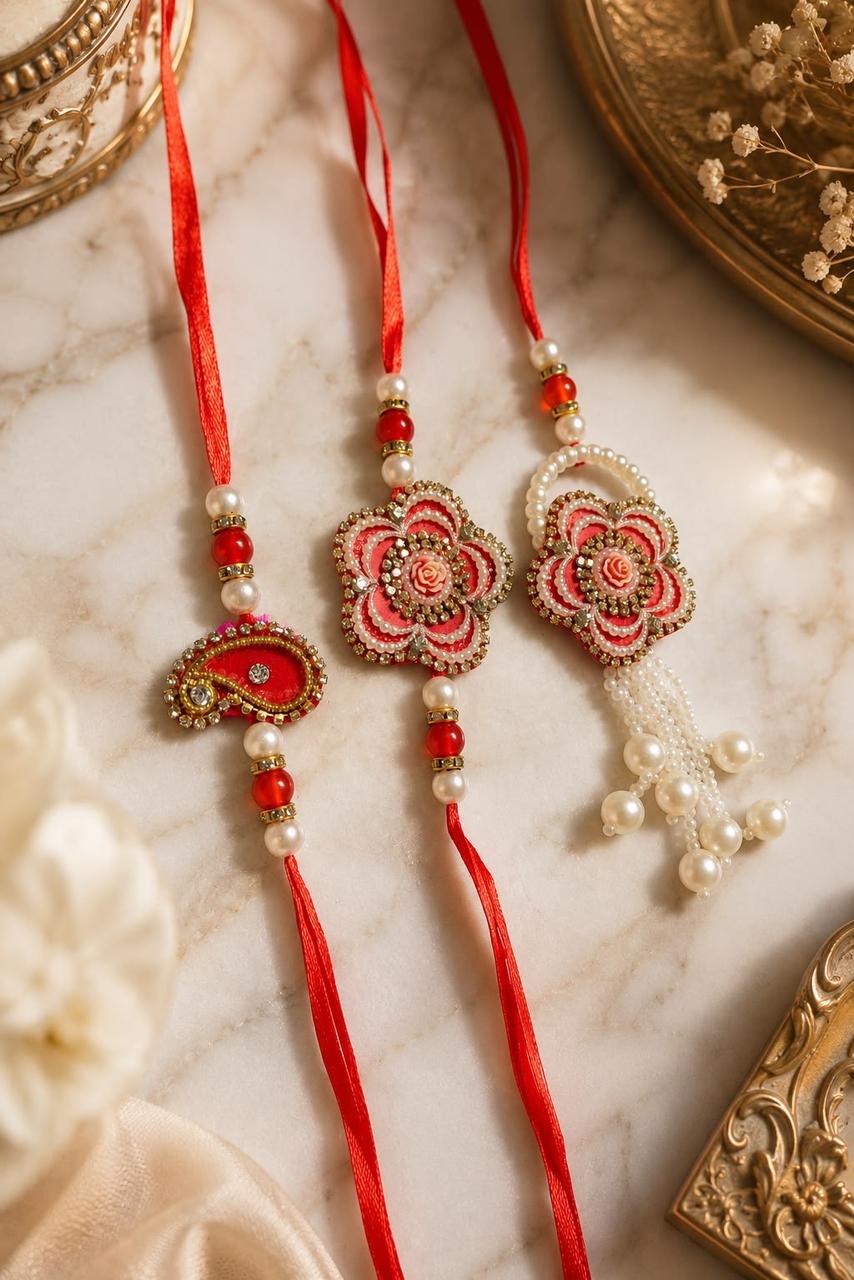 Shahi Rose & Pearl Rakhi set of 3