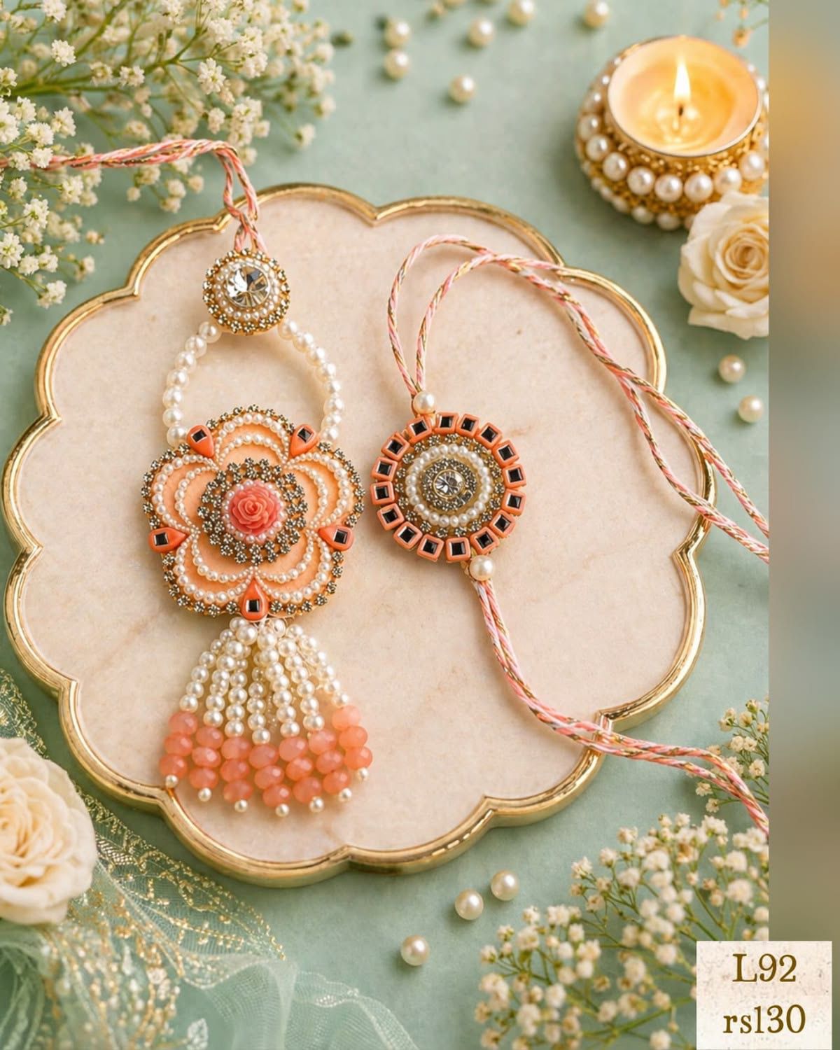 Handcrafted Floral Pearl Lumba Rakhi