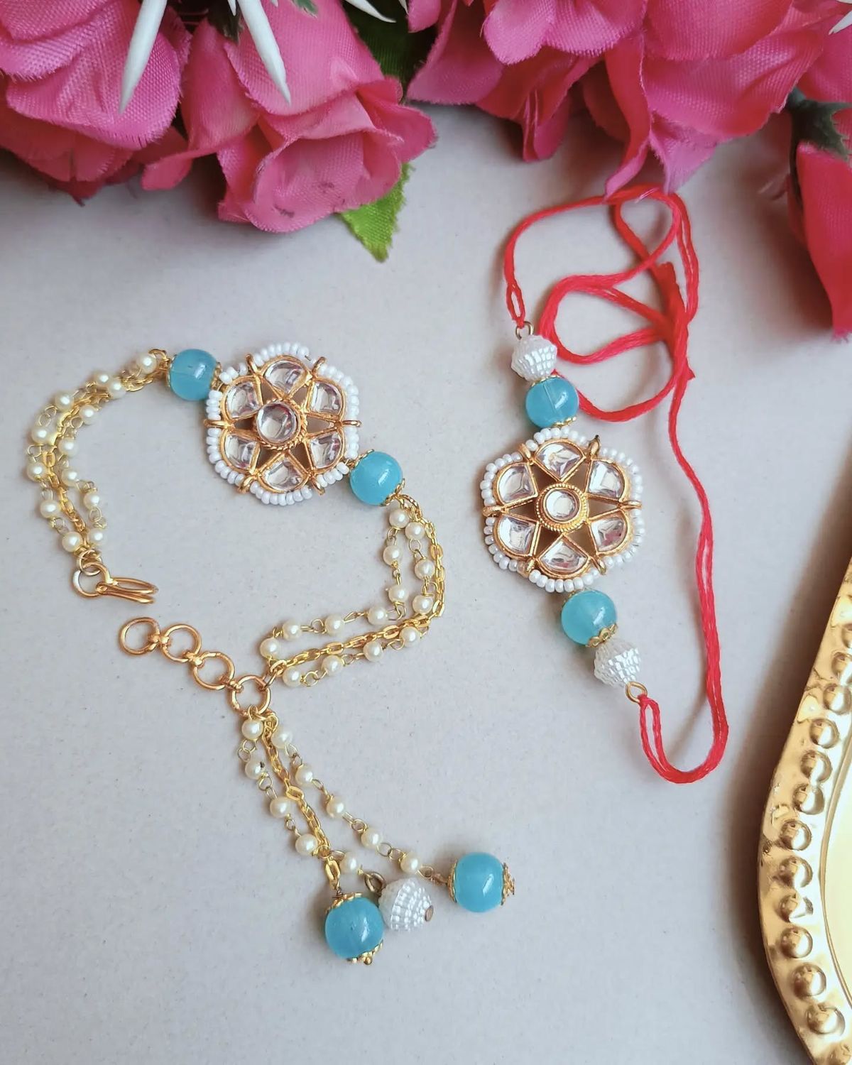 Flower Kundan Bhaiya Bhabhi Rakhi Set