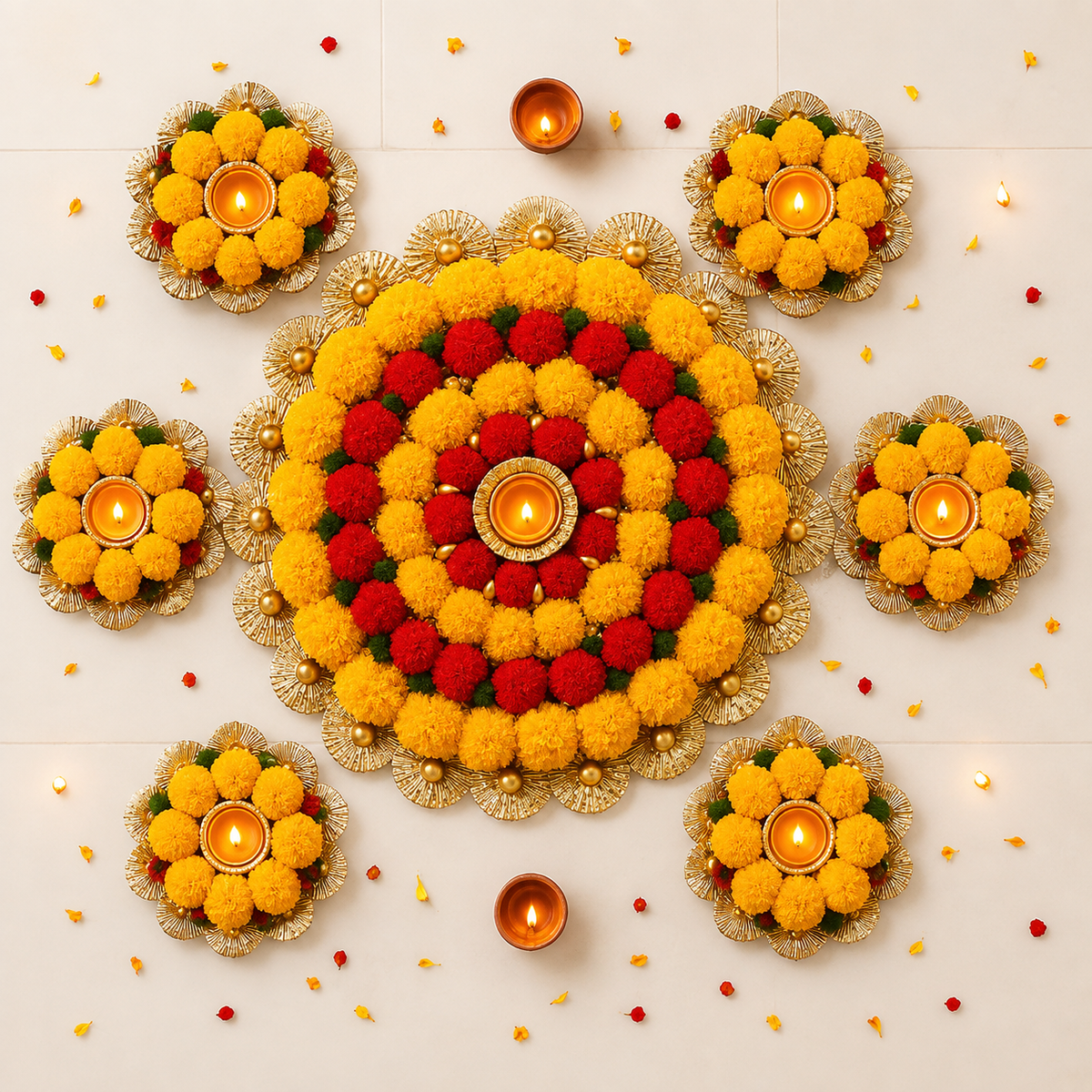 Handcrafted Floral Rangoli Decoration | Reusable Marigold Pompom Floor Decor | Festive Home Decoration for Diwali, Navratri & Pooja