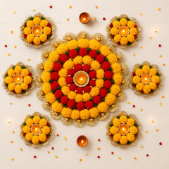 Handcrafted Floral Rangoli Decoration | Reusable Marigold Pompom Floor Decor | Festive Home Decoration for Diwali, Navratri & Pooja