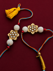 Kundan Floral Pearl Bhai Bhabhi Rakhi Set