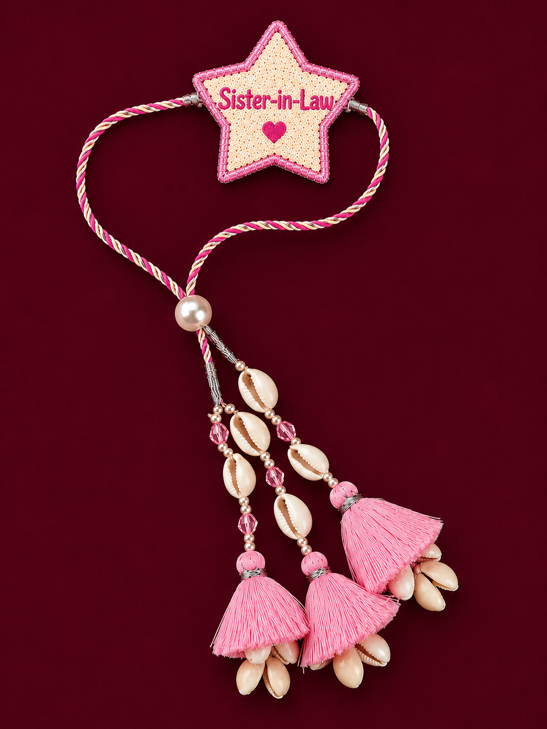 Sister-in-Law Star Lumba Rakhi with Pink Tassels & Cowrie Shells