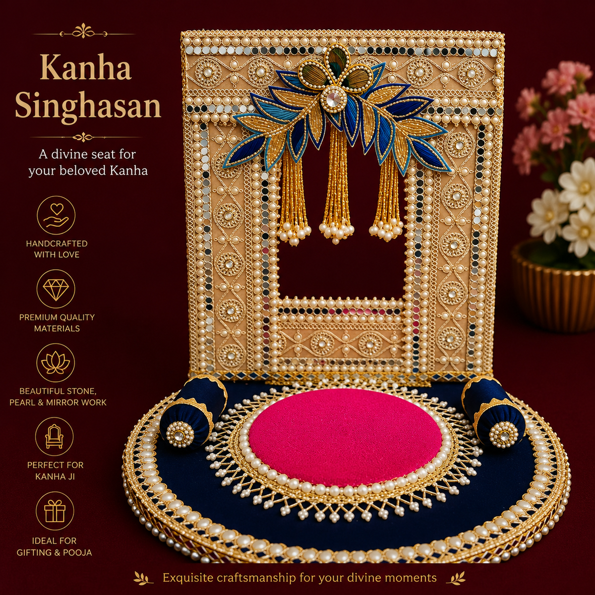 Royal Blue & Gold Kanha Singhasan | Handmade Pearl, Mirror & Velvet Throne for Laddu Gopal