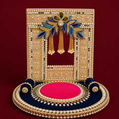 Royal Blue & Gold Kanha Singhasan | Handmade Pearl, Mirror & Velvet Throne for Laddu Gopal
