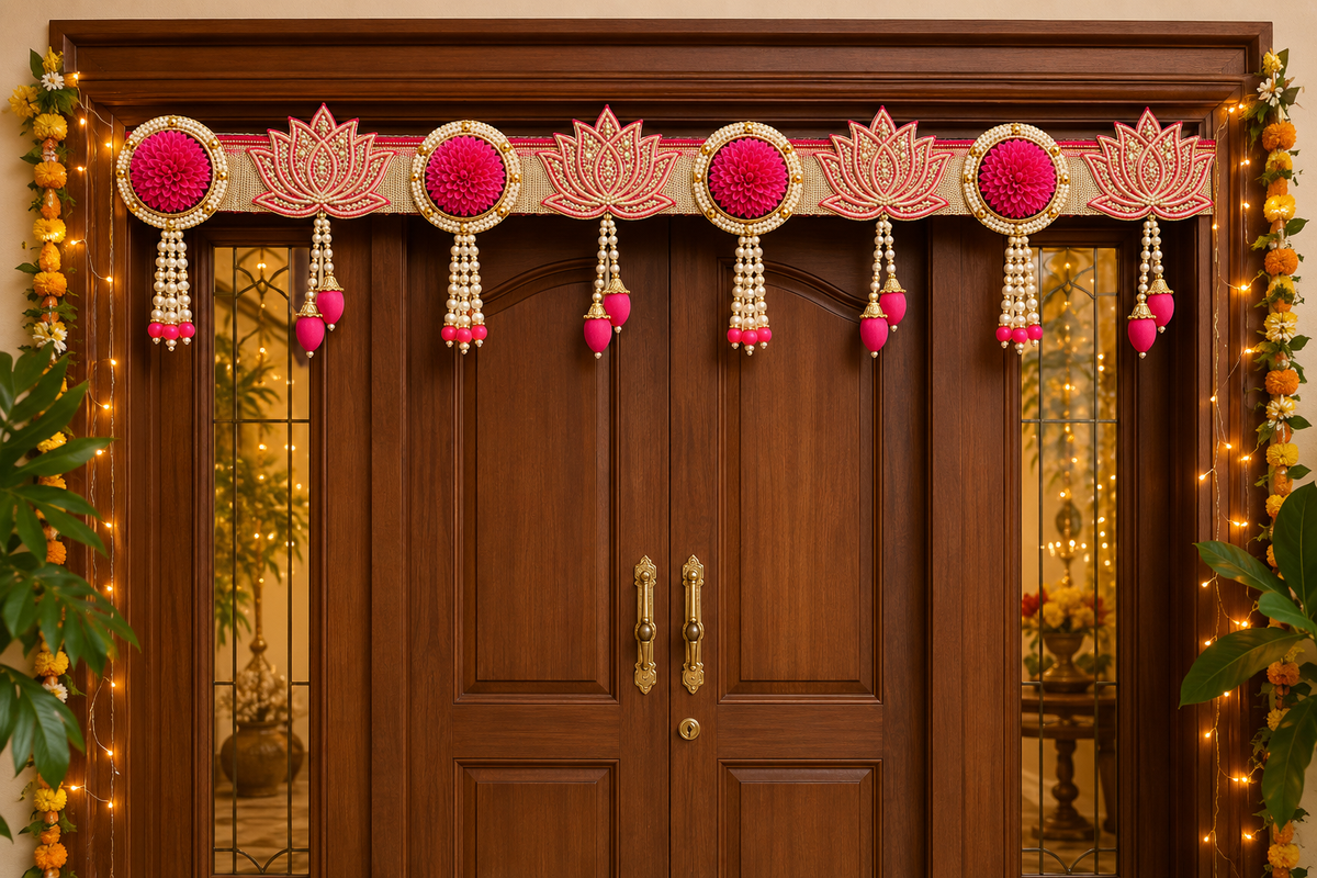 Royal Pink Lotus Door Toran | Handcrafted Pearl & Latkan Bandanwar