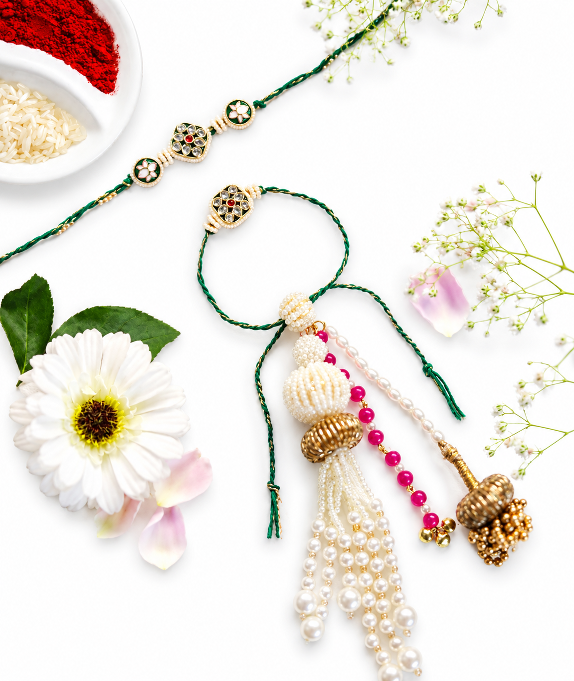 Elegant Bhai Bhabhi Rakhi Set with Pearl Latkan