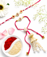Premium Kundan Bhai Bhabhi Rakhi Set with Pearl Tassel