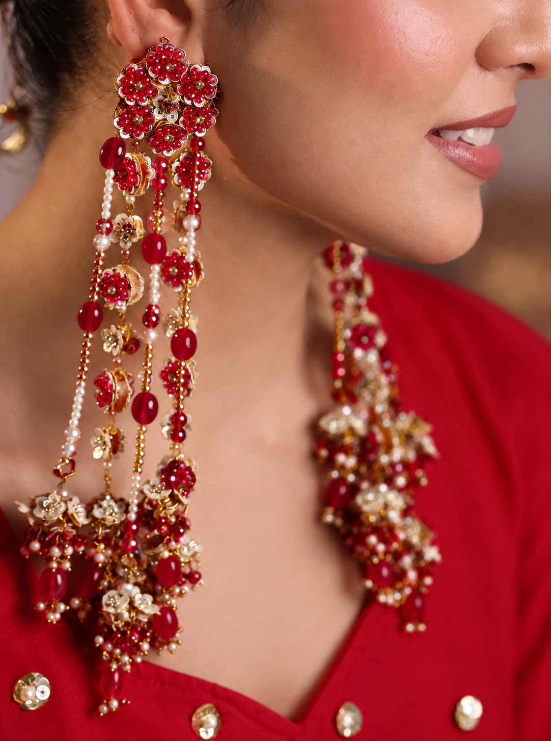 Red Floral Pearl Long Earrings – Handcrafted Bridal Statement Earrings