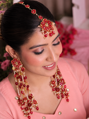 Red Floral Pearl Long Earrings – Handcrafted Bridal Statement Earrings