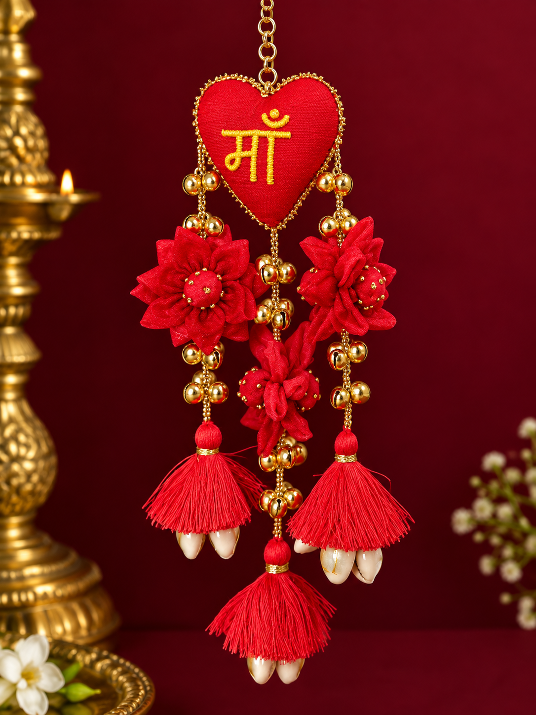 Red Floral Maa Kalira with Golden Bells & Tassels