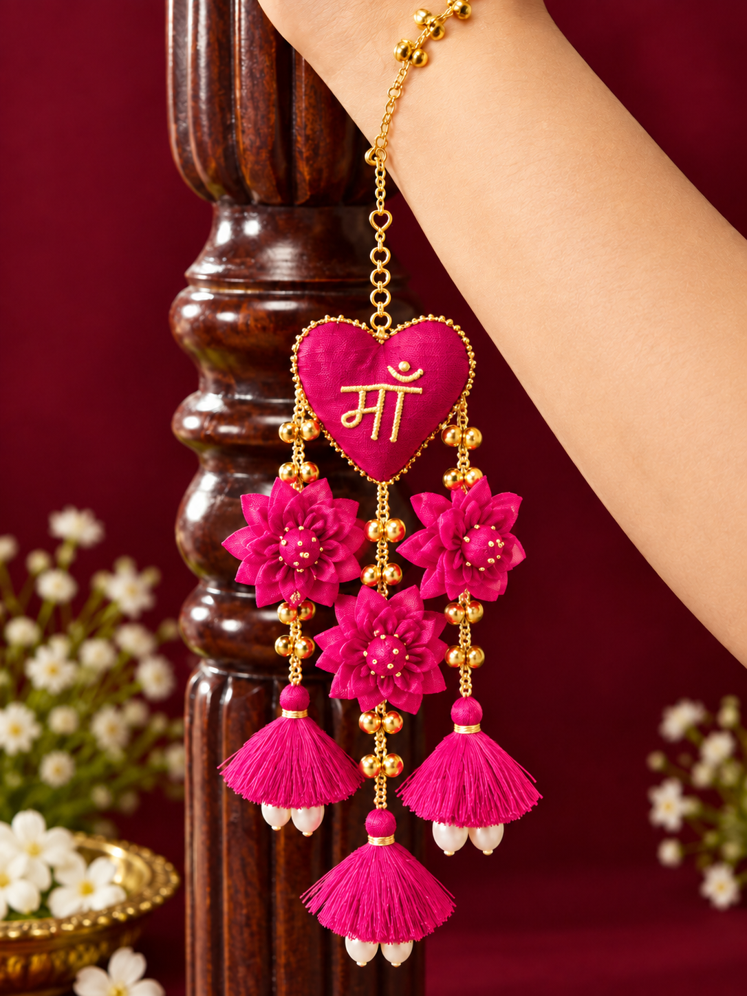 Dark Pink Floral Maa Kalira with Golden Bells & Tassels