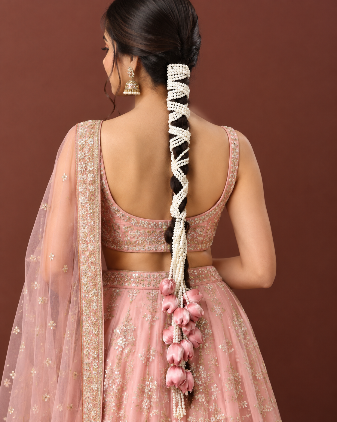 Pink Lotus Pearl Bridal Braid Parandi – Handcrafted Floral Hair Accessory