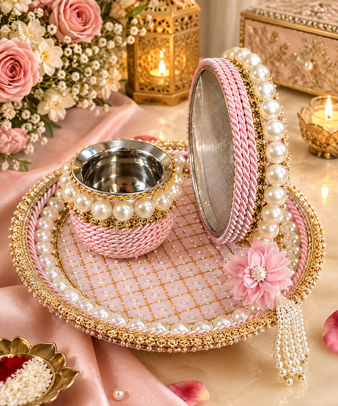 Elegant Pink Karwa Chauth Pooja Thali Set ❤️✨ | Traditional Bridal Pooja Collection