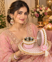 Elegant Pink Karwa Chauth Pooja Thali Set ❤️✨ | Traditional Bridal Pooja Collection