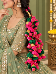 Traditional Pink & Green Designer Hair Parandi with Golden Tassels