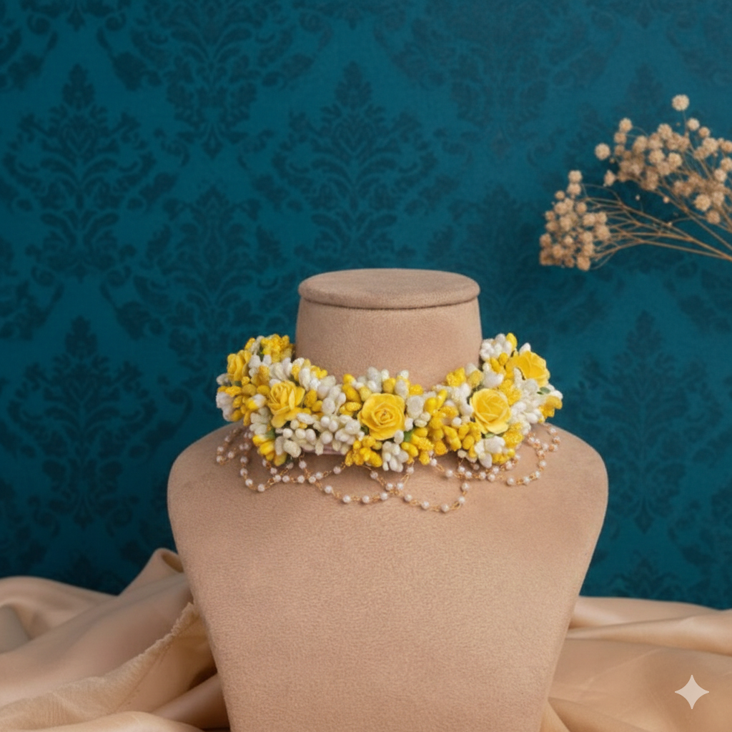 Rose with Pollen Yellow Flower Necklace Set