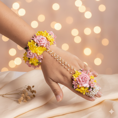 Pink & Yellow Floral Necklace Set with Pearl Bunch