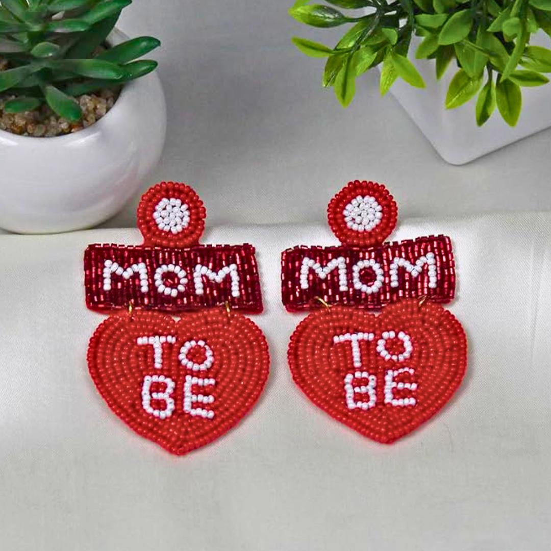 Mom To Be Handmade Beaded Earring (Red)