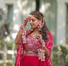 Pink flower Necklace With Kalire Set