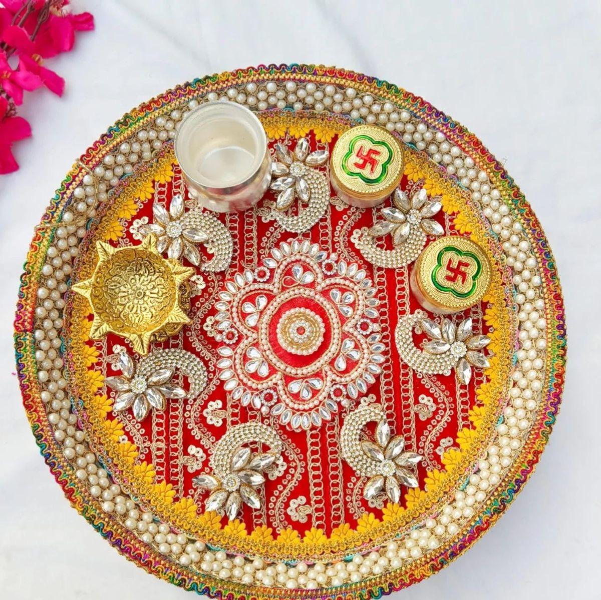 Kundan Work Thali Set 1 Diya 2 Dibbi Steel